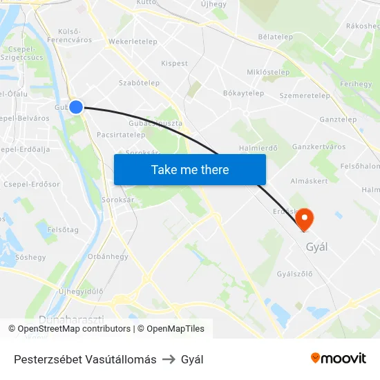 Pesterzsébet Vasútállomás to Gyál map