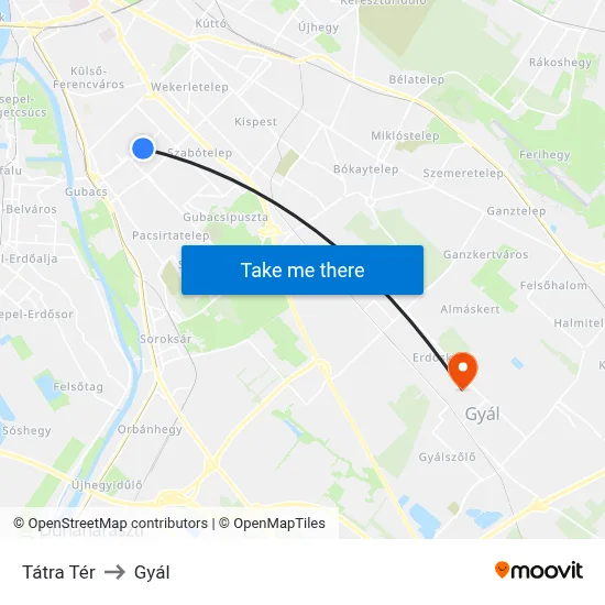 Tátra Tér to Gyál map