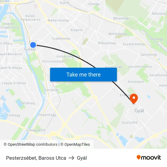 Pesterzsébet, Baross Utca to Gyál map
