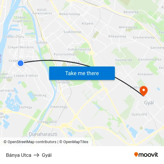 Bánya Utca to Gyál map