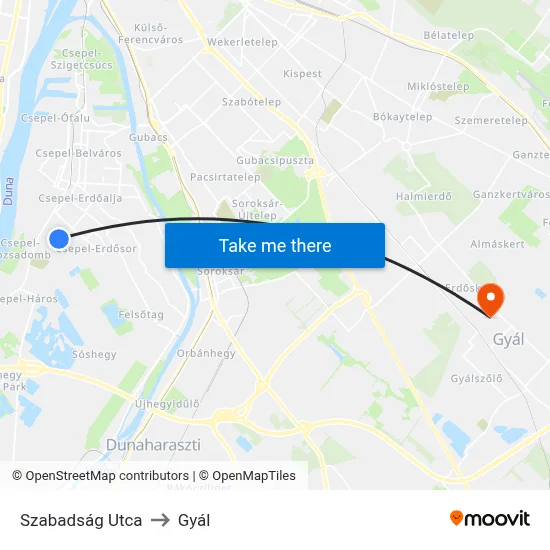 Szabadság Utca to Gyál map