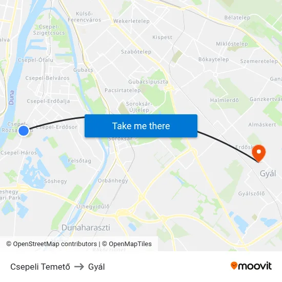 Csepeli Temető to Gyál map