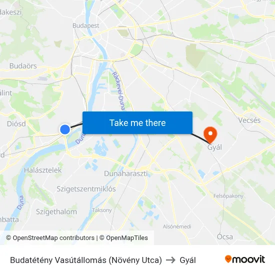 Budatétény Vasútállomás (Növény Utca) to Gyál map