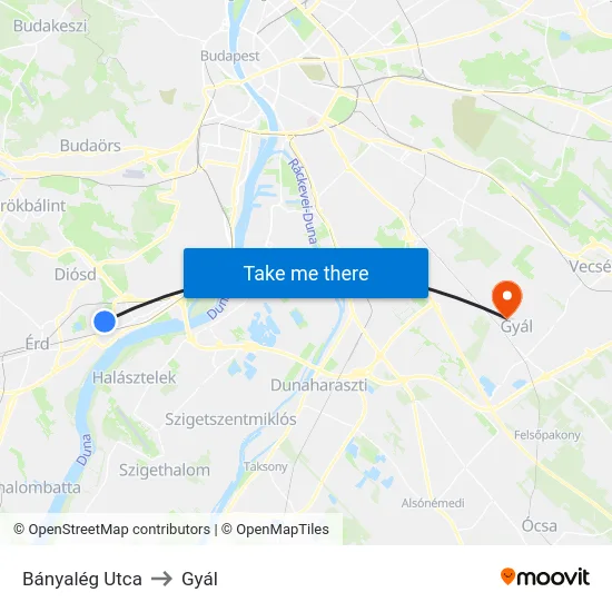Bányalég Utca to Gyál map