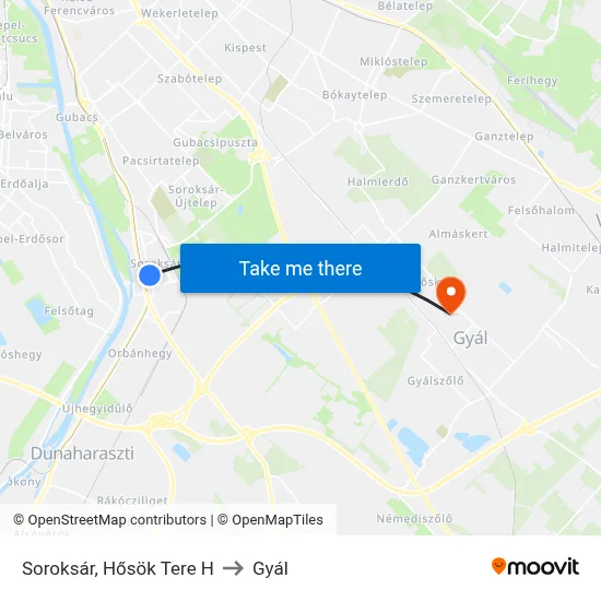 Soroksár, Hősök Tere H to Gyál map