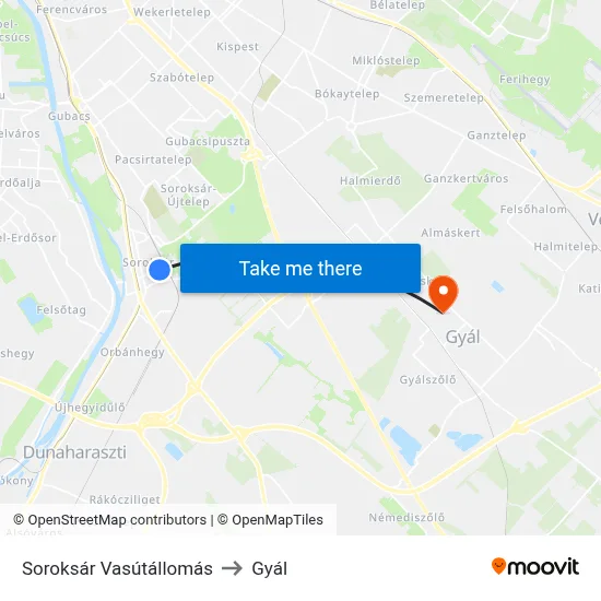 Soroksár Vasútállomás to Gyál map