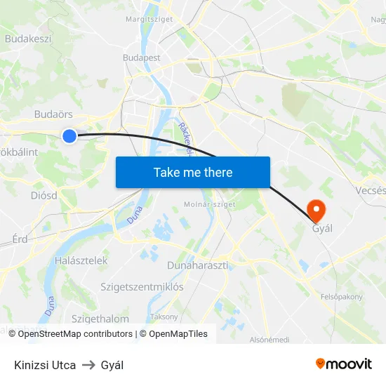 Kinizsi Utca to Gyál map