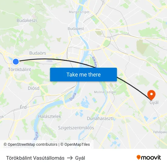 Törökbálint Vasútállomás to Gyál map