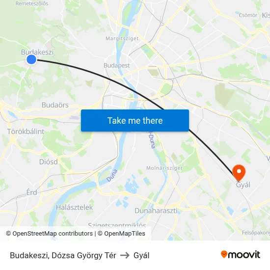 Budakeszi, Dózsa György Tér to Gyál map