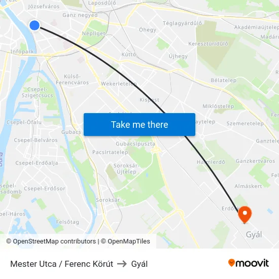 Mester Utca / Ferenc Körút to Gyál map