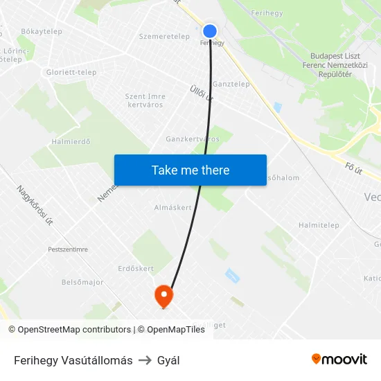 Ferihegy Vasútállomás to Gyál map