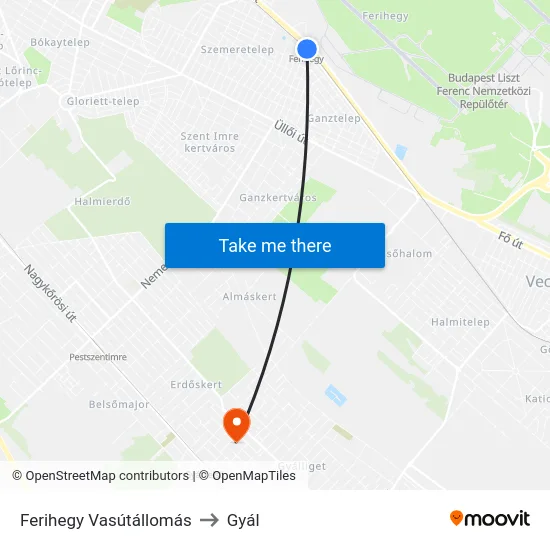 Ferihegy Vasútállomás to Gyál map