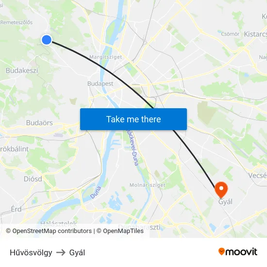 Hűvösvölgy to Gyál map