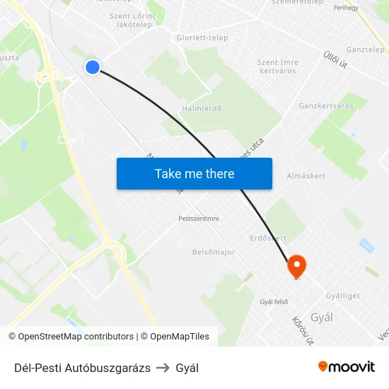 Dél-Pesti Autóbuszgarázs to Gyál map