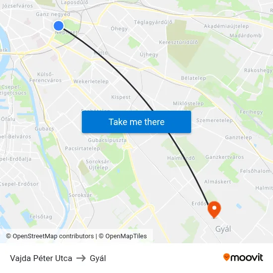 Vajda Péter Utca to Gyál map