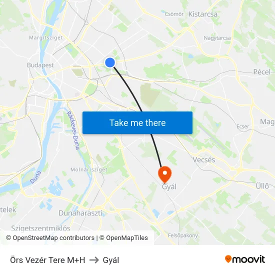 Örs Vezér Tere M+H to Gyál map