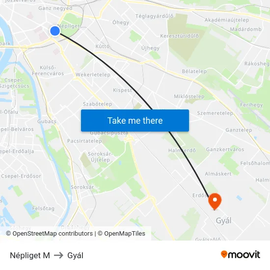 Népliget M to Gyál map