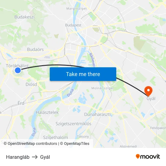 Harangláb to Gyál map