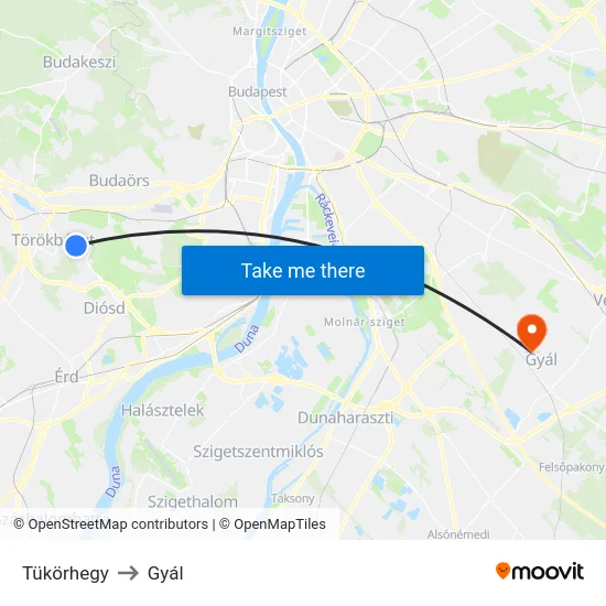 Tükörhegy to Gyál map