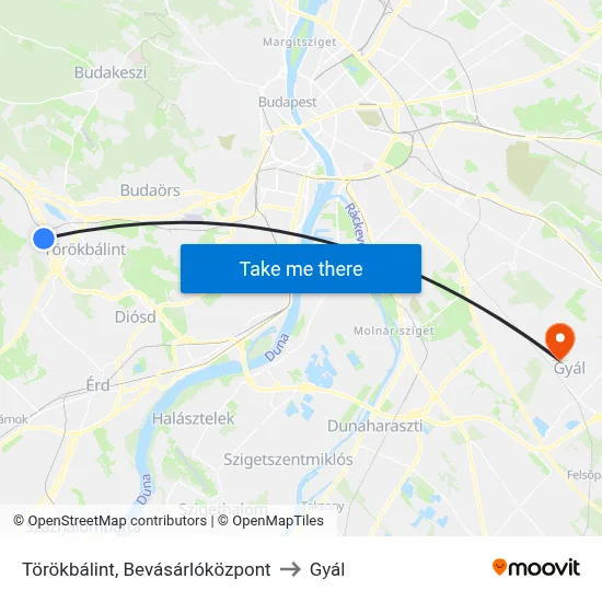 Törökbálint, Bevásárlóközpont to Gyál map