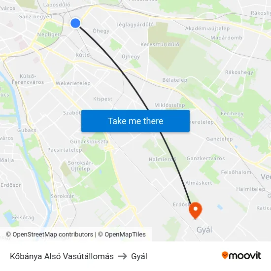 Kőbánya Alsó Vasútállomás to Gyál map