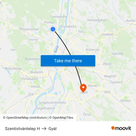 Szentistvántelep H to Gyál map
