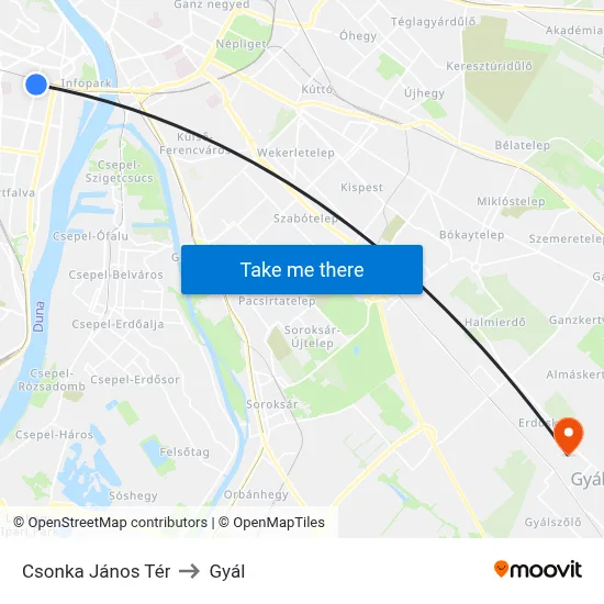 Csonka János Tér to Gyál map