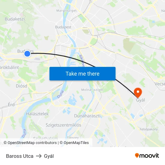 Baross Utca to Gyál map