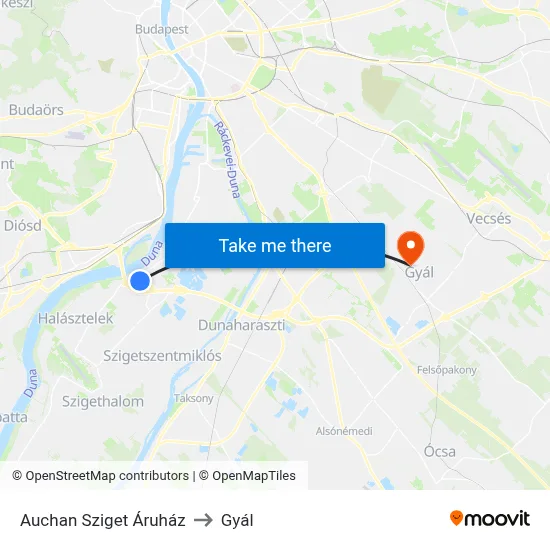 Auchan Sziget Áruház to Gyál map