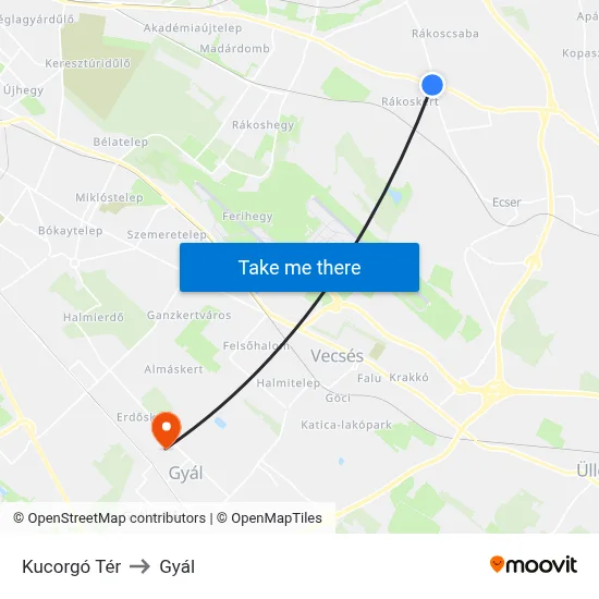 Kucorgó Tér to Gyál map