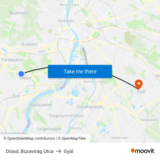 Diósd, Búzavirág Utca to Gyál map