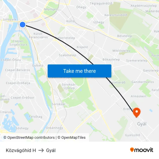 Közvágóhíd H to Gyál map