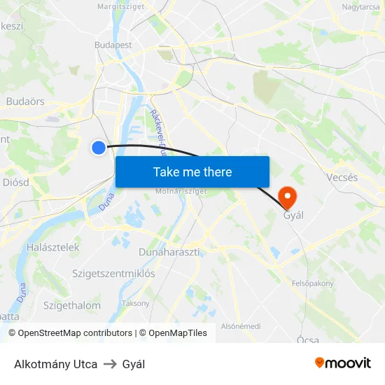 Alkotmány Utca to Gyál map