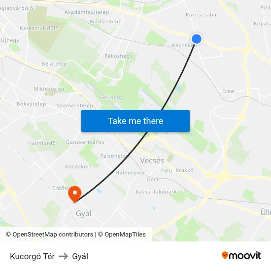 Kucorgó Tér to Gyál map