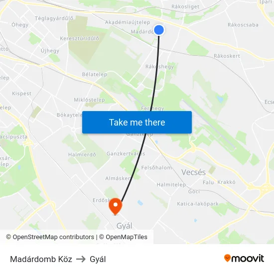 Madárdomb Köz to Gyál map