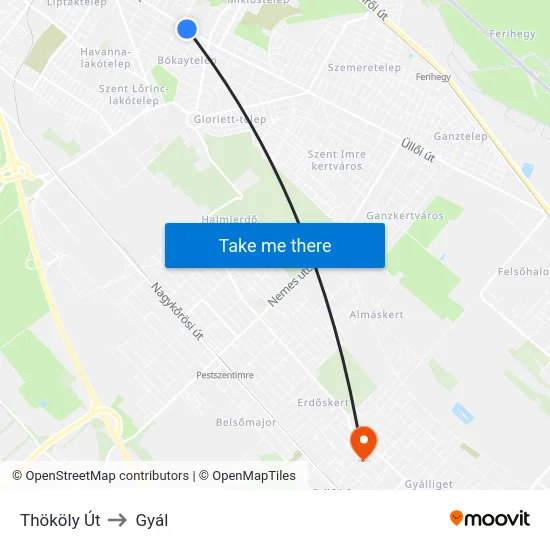Thököly Út to Gyál map