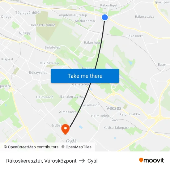 Rákoskeresztúr, Városközpont to Gyál map