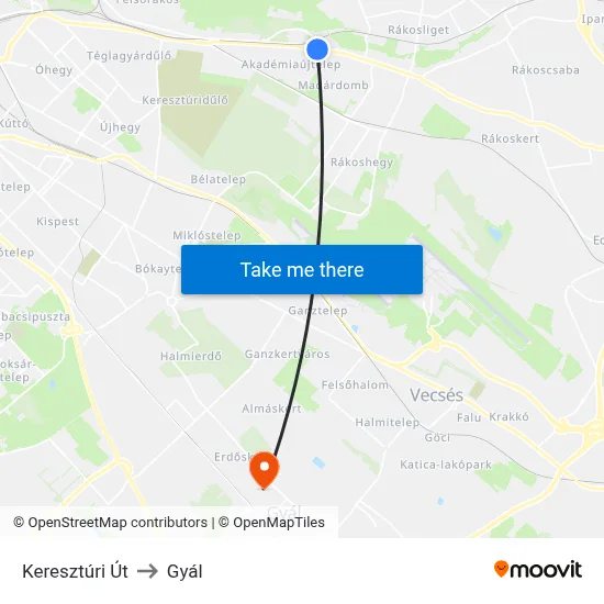 Keresztúri Út to Gyál map
