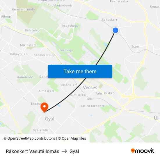 Rákoskert Vasútállomás to Gyál map