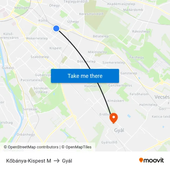 Kőbánya-Kispest M to Gyál map