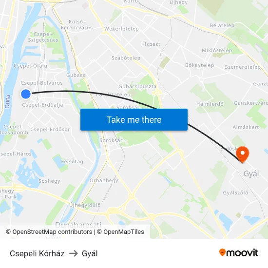 Csepeli Kórház to Gyál map