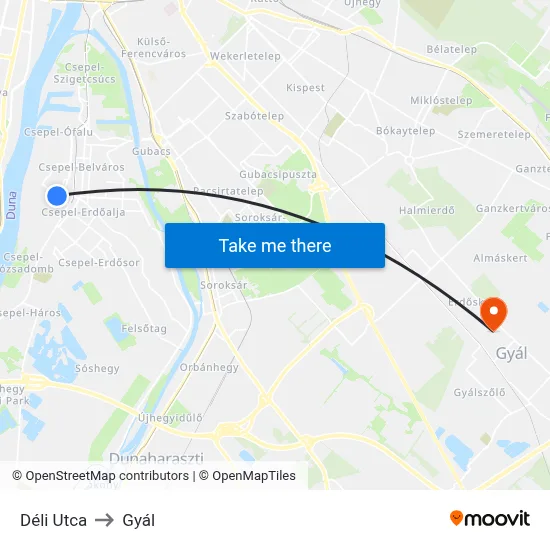 Déli Utca to Gyál map