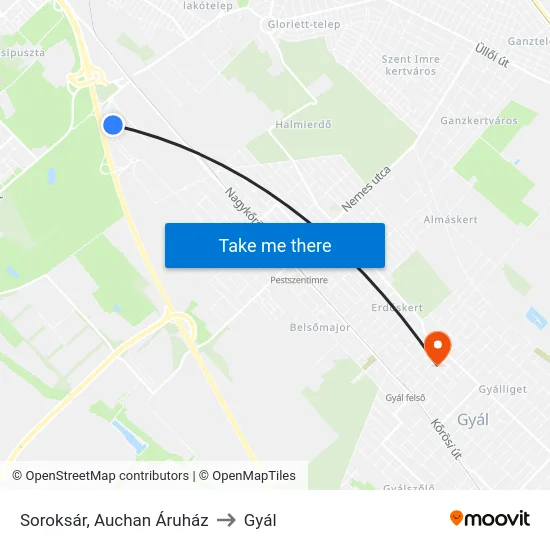 Soroksár, Auchan Áruház to Gyál map