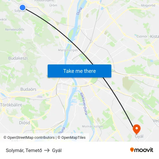 Solymár, Temető to Gyál map