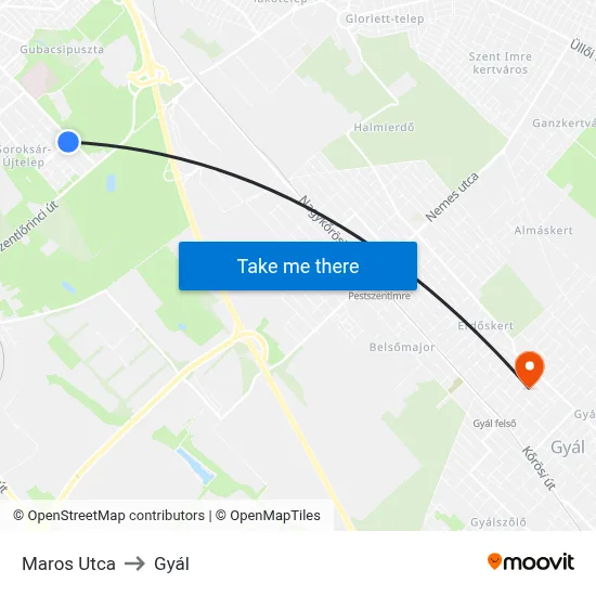 Maros Utca to Gyál map