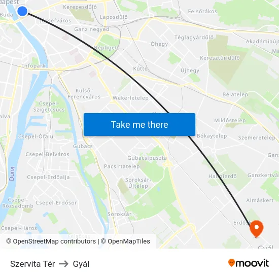 Szervita Tér to Gyál map