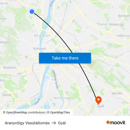 Aranyvölgy Vasútállomás to Gyál map