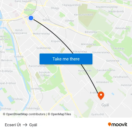 Ecseri Út to Gyál map