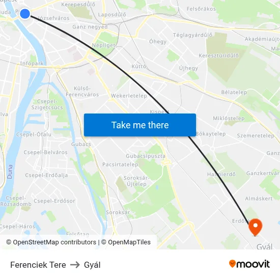 Ferenciek Tere to Gyál map