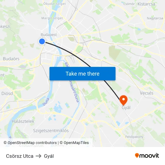 Csörsz Utca to Gyál map